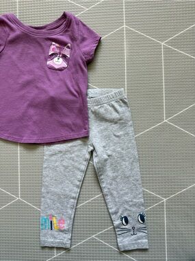 Carters|Baby girl cute set,Purple Cat Pocket Tee & Gray Cat Face Leggings-12M•••